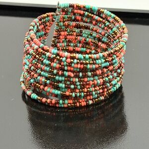 Boho Multi Strand Seed Bead Memory Wire Wrap Cuff Bracelet Turquoise Coral Gold